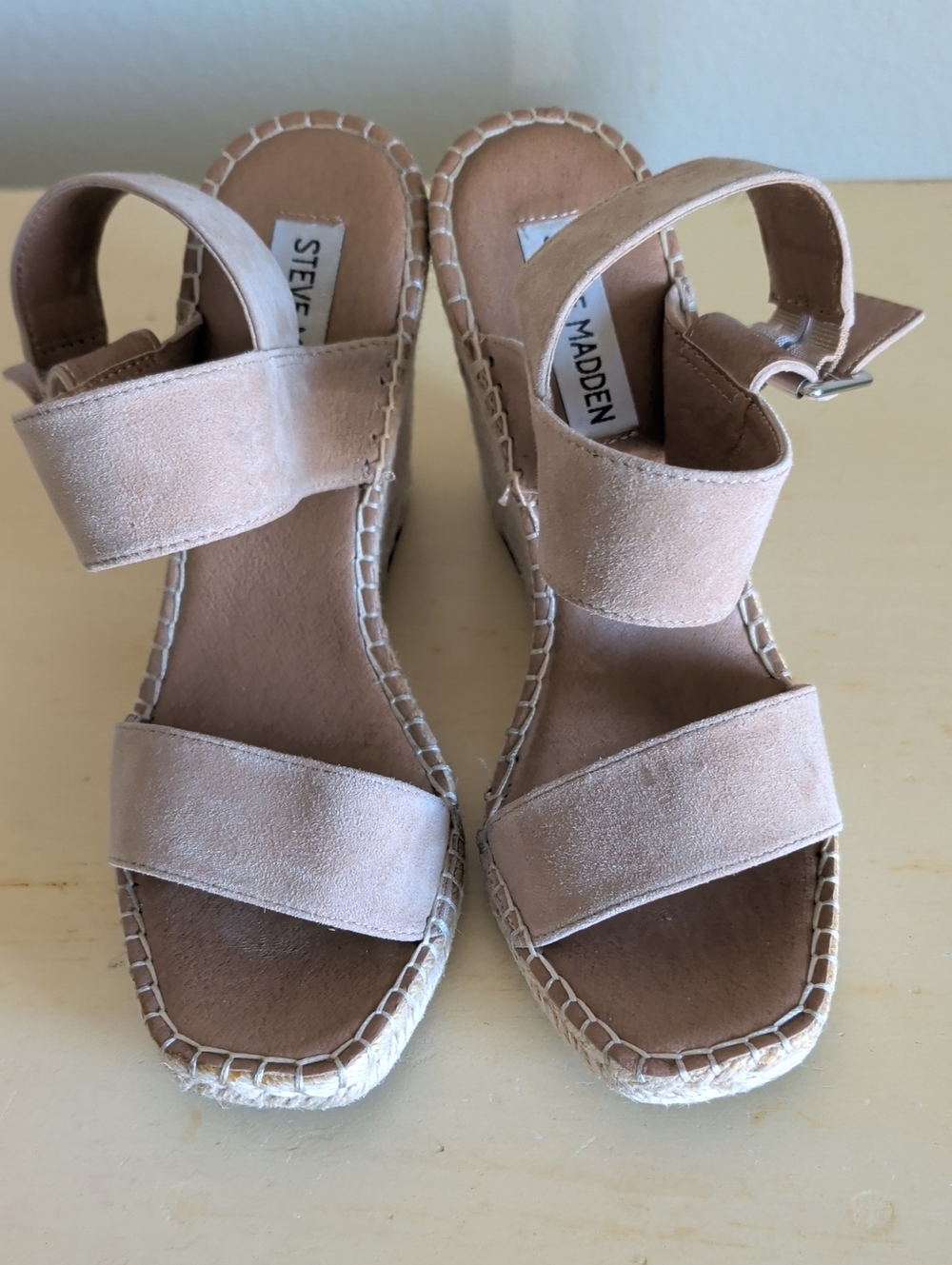 Steve Madden Uri Espadrille Wedge in tan suede.
